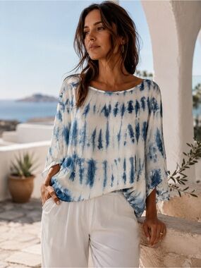 Gypsy 05 Silk Tie Dye Blouse Blue White Medium Boho Resort Top Summer Vacay